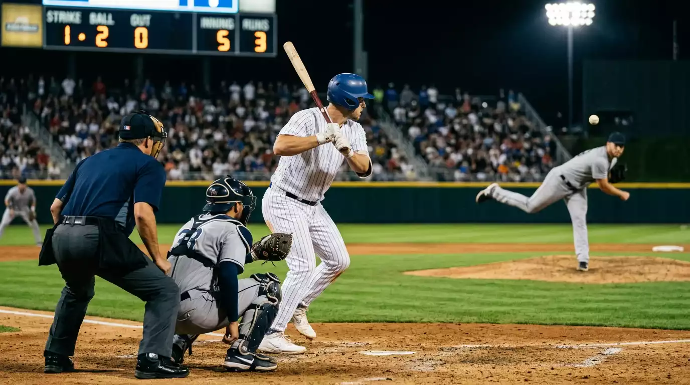 MLB batter facing a pitcher mid-delivery during a regular season game