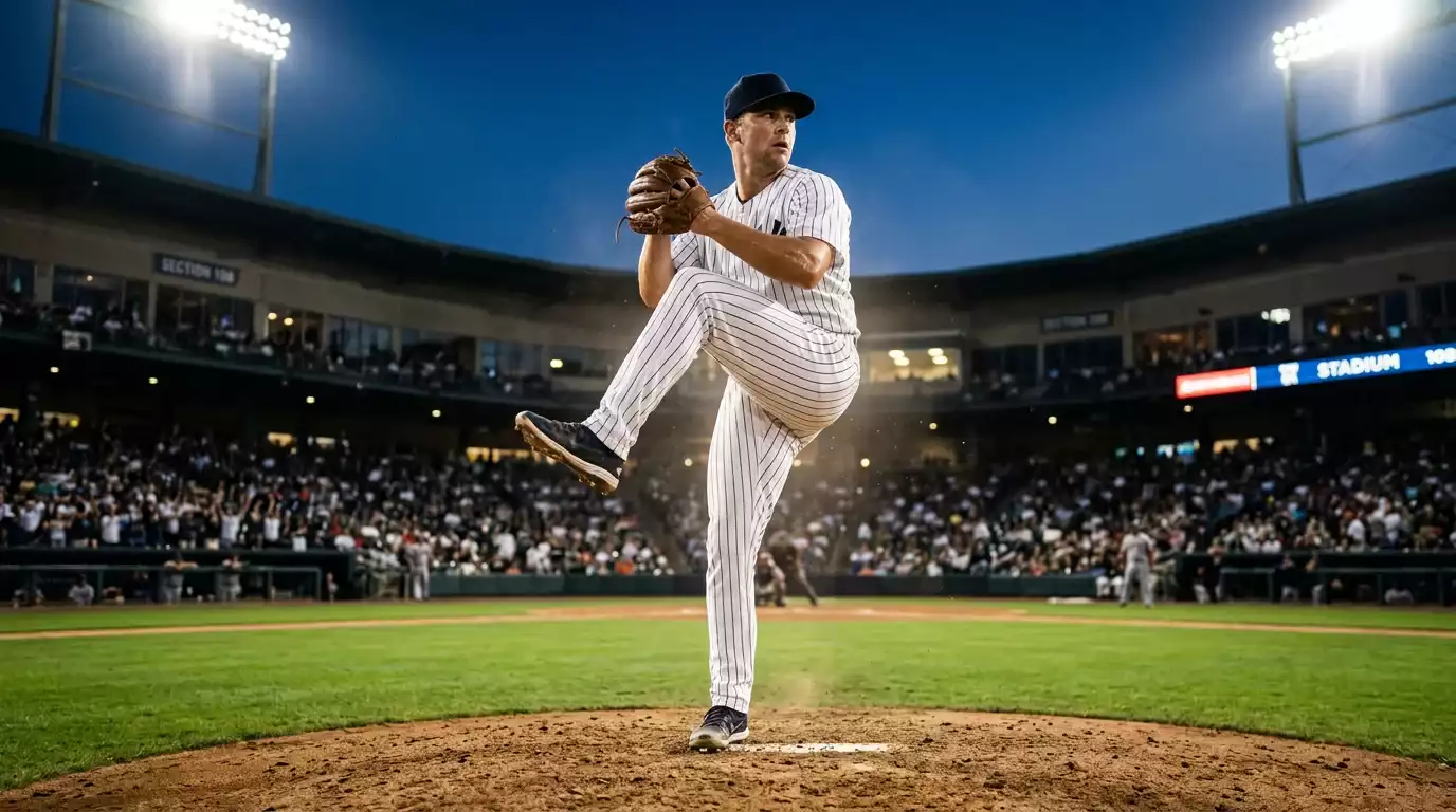 MLB starting pitcher in his windup on the mound during an evening game